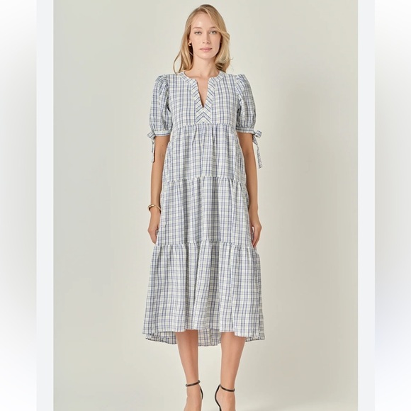 English Factory Gingham Tiered Dress Bow-Tie Sleeves - Picture 1 of 7